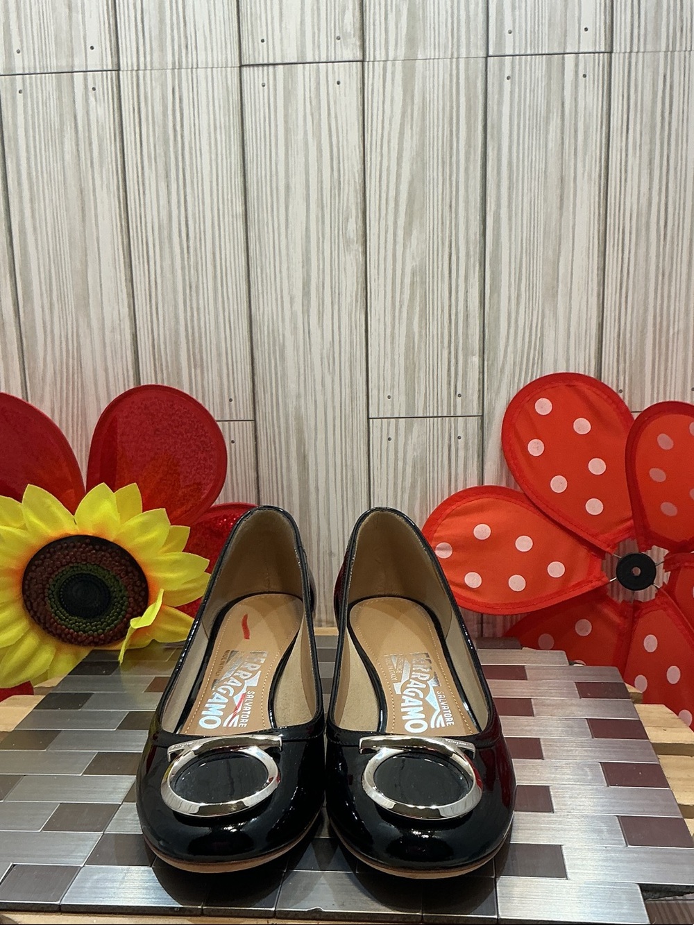 Salvatore Ferragamo Black Patent Leather Round-Buckle Ballet Flats